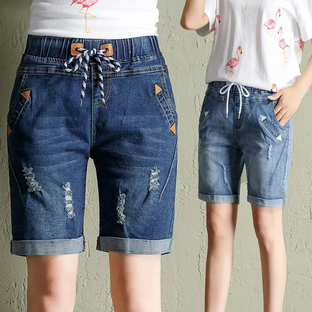 

Large Size Curling Denim Shorts Women 2019 Summer New Elastic High Waist Loose Hole Knee Length Wide Leg Jeans Pants
