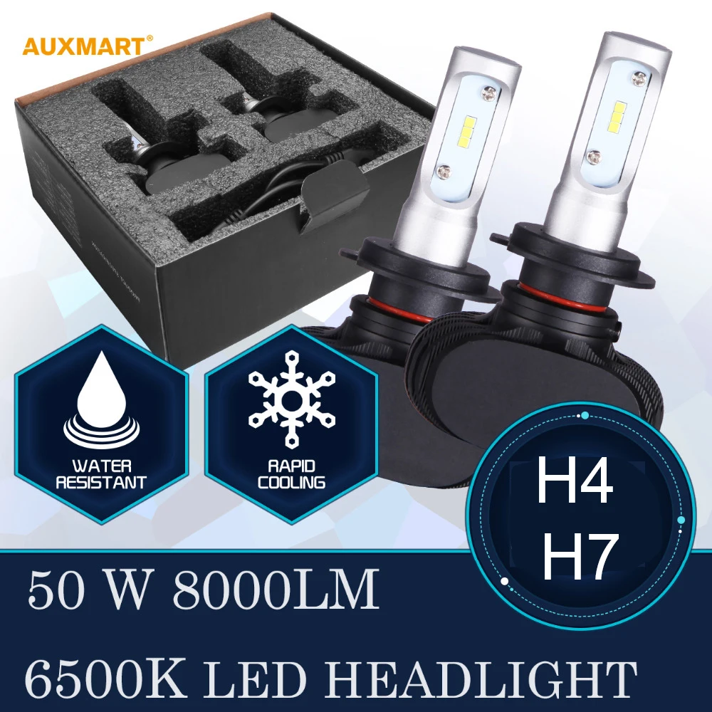 

Auxmart S1 H7 H4 HB2 9003 Car LED Headlight Bulbs 50W 8000LM CSP Front Fog lamps Single beam Dipped Low High Beam 6500K