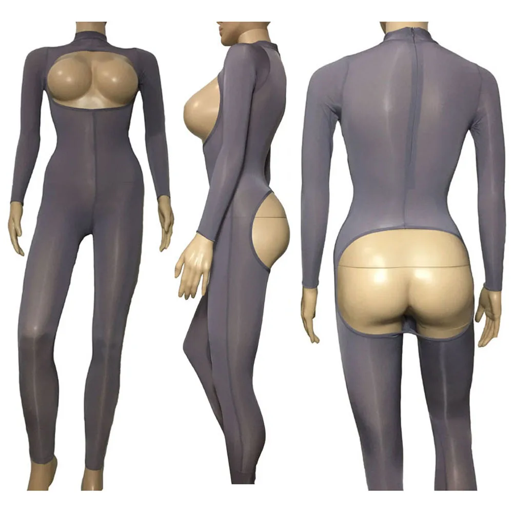 

Women Sexy Lingerie Translucent Skinny Glossy Open Butt Cupless Jumpsuit Sheer Open Breast Lady Bodysuit Catsuit Fetish Costume