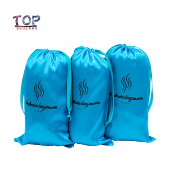 

Custom Logo Printed Wig Bags Polyester Satin Silk Blue Bags Drawstring Hair Bags Packaging Hair Extension Packaging Bags