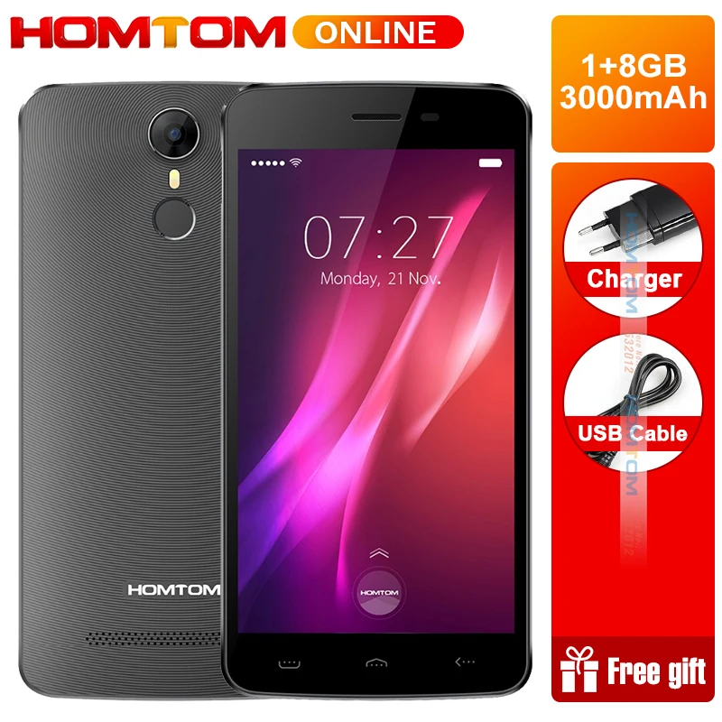 

Original Homtom HT27 5.5 Inch 1GB+8GB Android 6.0 Quad Core Fingerprint ID Mobile Phone MT6580 3000mAh Dual Sim Smart Phone