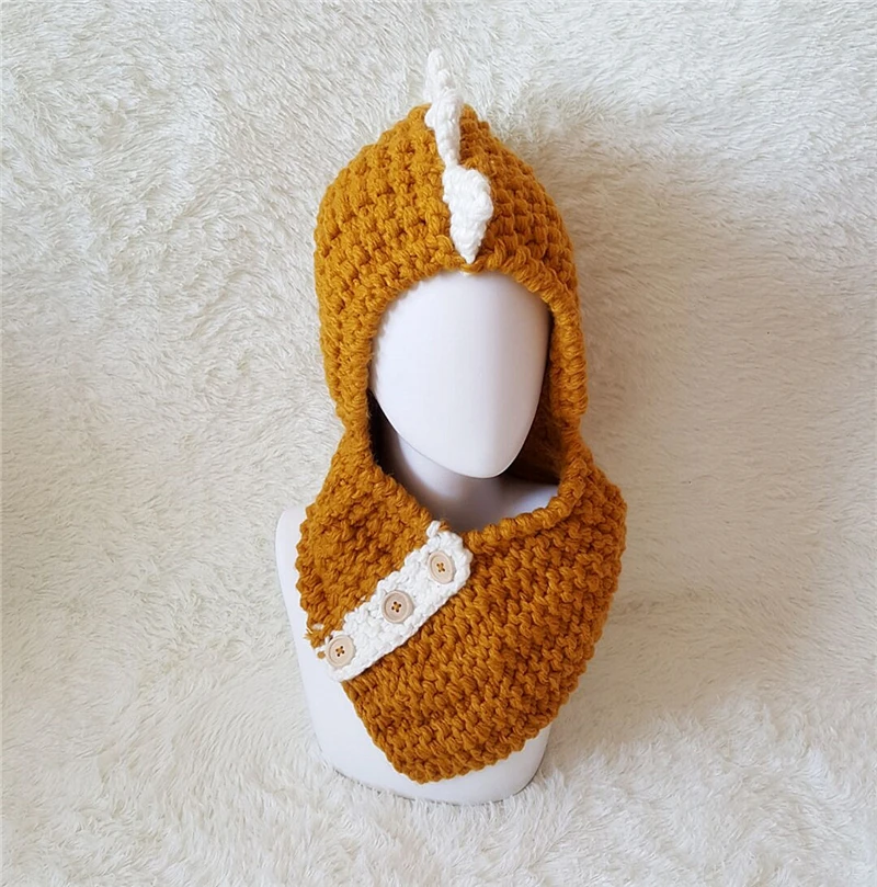 Kid Handmade Dinosaur Hat Children Eleka Knitted Cap Boy Girl Neckchief Tubular Scarf 3 Buttons Loop Shawl and Beanie_voghion.com