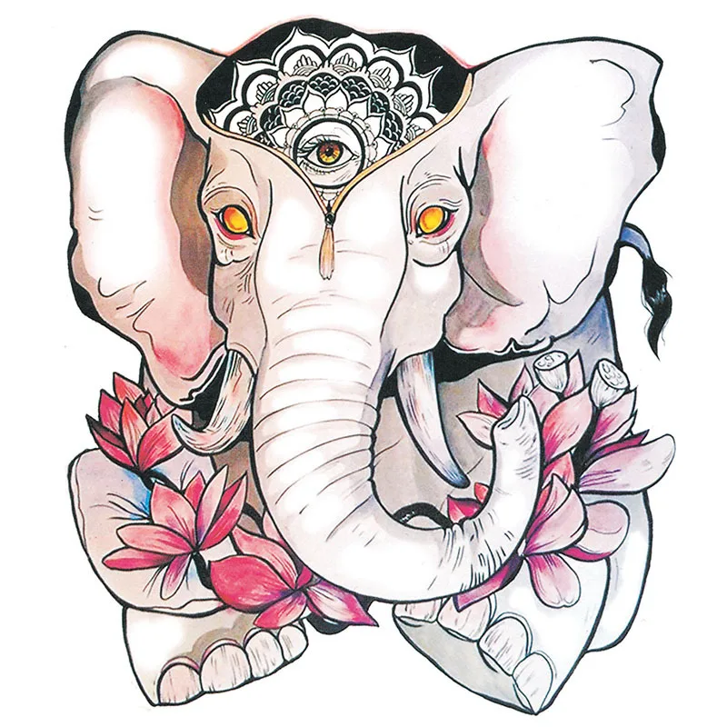 Водонепроницаемый временные татуировки наклейки Симпатичные король слон розовые лотосы дизайн боди-арт Make Up Tool