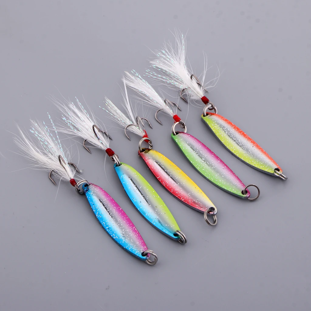5pcs Spoons Hard Fishing Lures Treble Hook Salmon Bass Metal Fishing Baits Mixed Color 5g/8g/14g/17g
