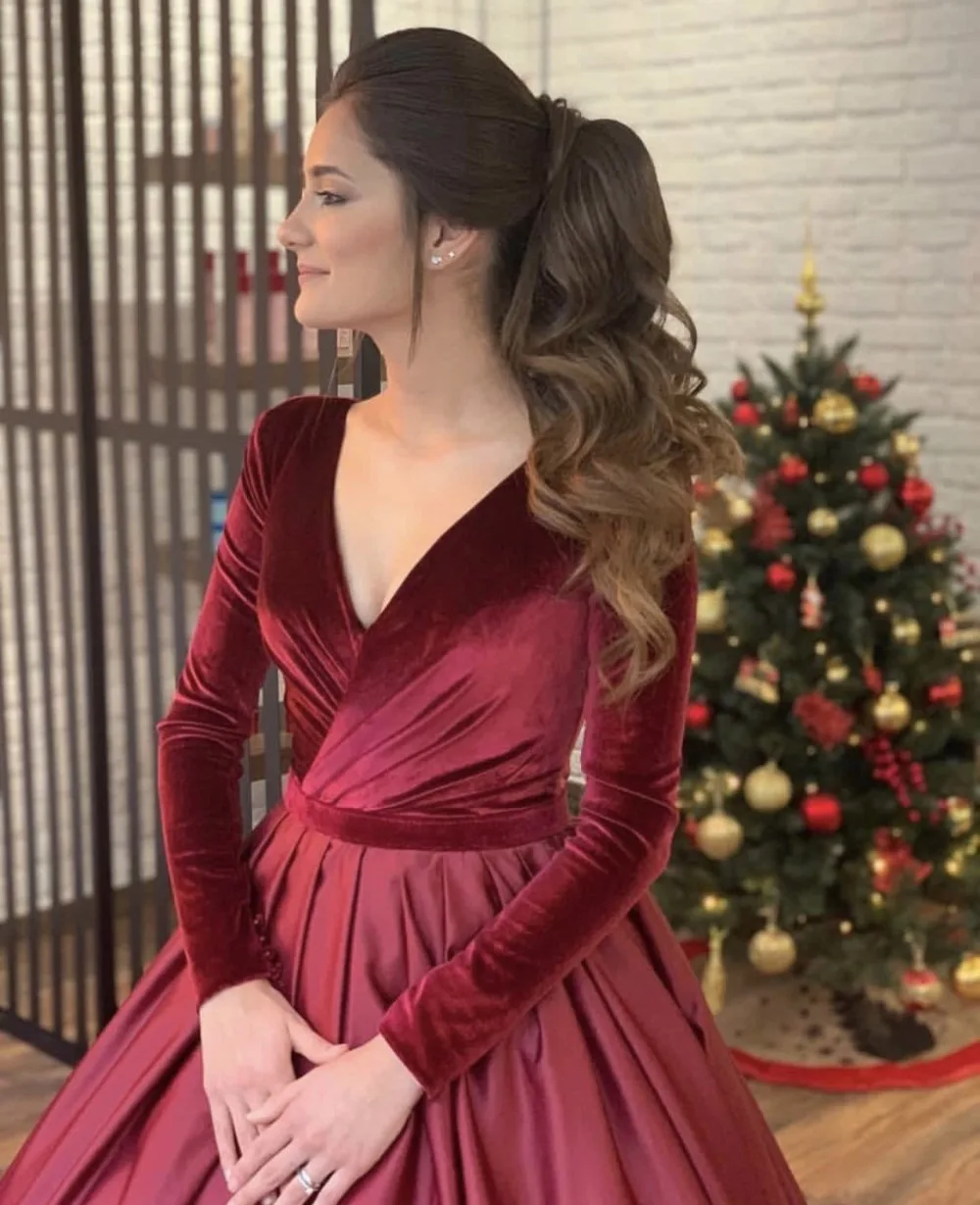 A Bourgogne Manches Élégante Royal Vêtements 2019 Plein Bal Casamento Robe Noiva Rouge ligne V Des Velours cou Robes De Mariée Formels qqvBgw