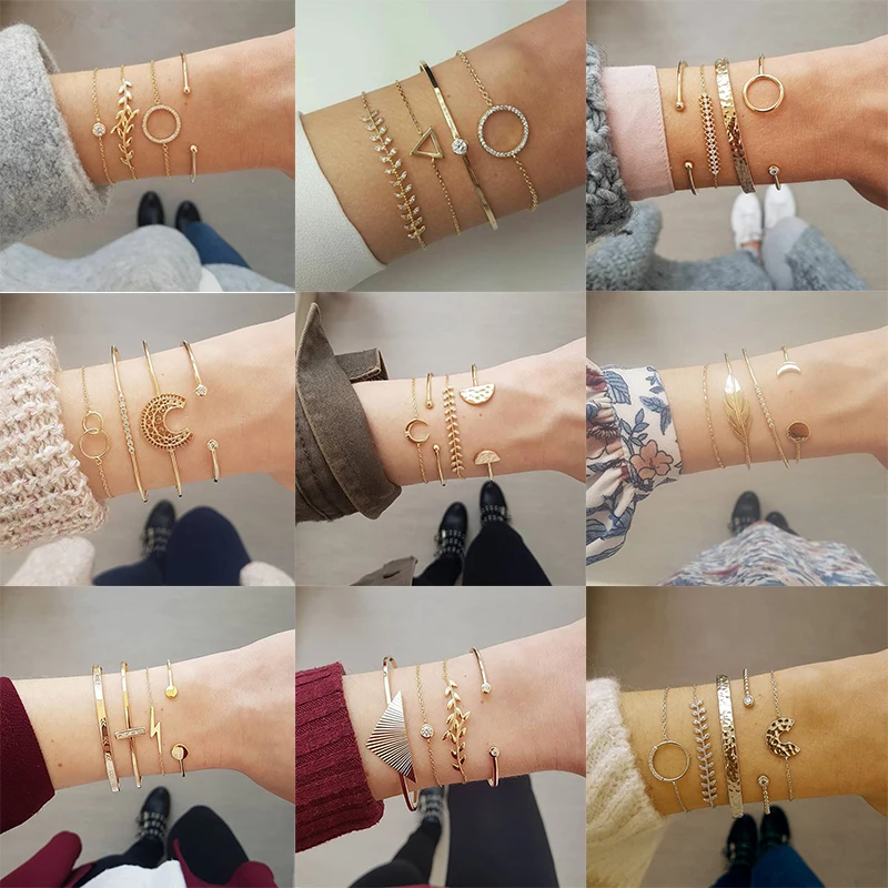 

HuaTang Boho Trendy Gold Color Moon Circle Leaf Bangles for Women Open Adjustable Bracelets Set Bangle Jewelry Pulseira