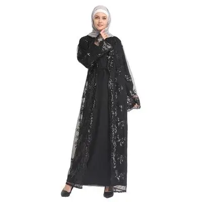 Сетка блесток кафтан вышивка кружевная Абая Турция Дубайский хиджаб мусульманское платье Абая для женщин Кафтан мусульманская одежда Vestidos - Цвет: Черный