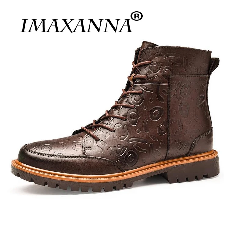 

IMAXANNAMen Boots Winter Men Ankle Boots Lace-Up Handmade Brogue Men Footwear British Style Microfiber Casual Male Shoes