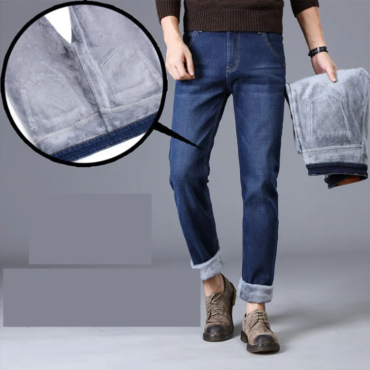 Мужские Зимние флисовые джинсы с подкладкой из эластичного денима, теплые синие джинсы для мужчин, дизайнерские облегающие Брендовые брюки, брюки, джинсы 28-42