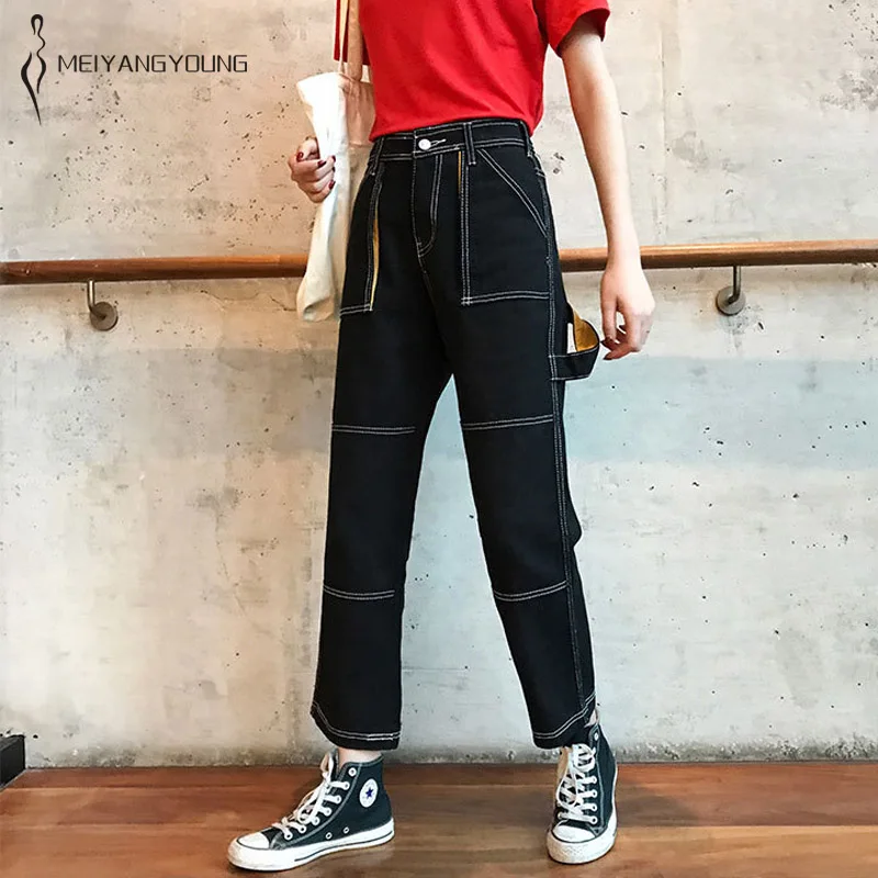 

Women plus size loose casual jeans vintage sports trousers schoolgirl denim straight pants korean wide leg jeans 2019 spring