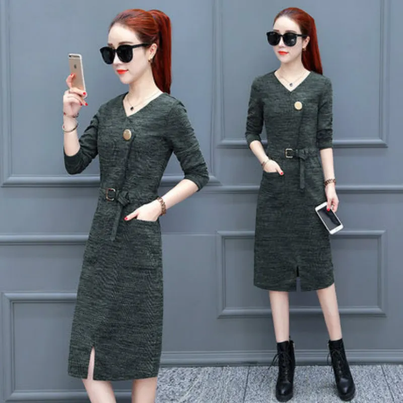 

Dress new personality autumn women's fashion Korean temperament long-sleeved autumn and winter knit dress in the long section
