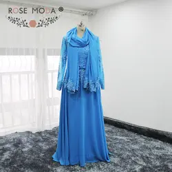 Роза Moda одежда с длинным рукавом синий платье для выпускного вечера плюс Размеры мусульманских Выпускные платья официальная Вечеринка