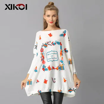 

XIKOI Autumn Fashion Women Loose Pullovers Sweaters Long-sleeve Batwing Sleeve Slash Neck Print Sweater Female Knitted Sweaters