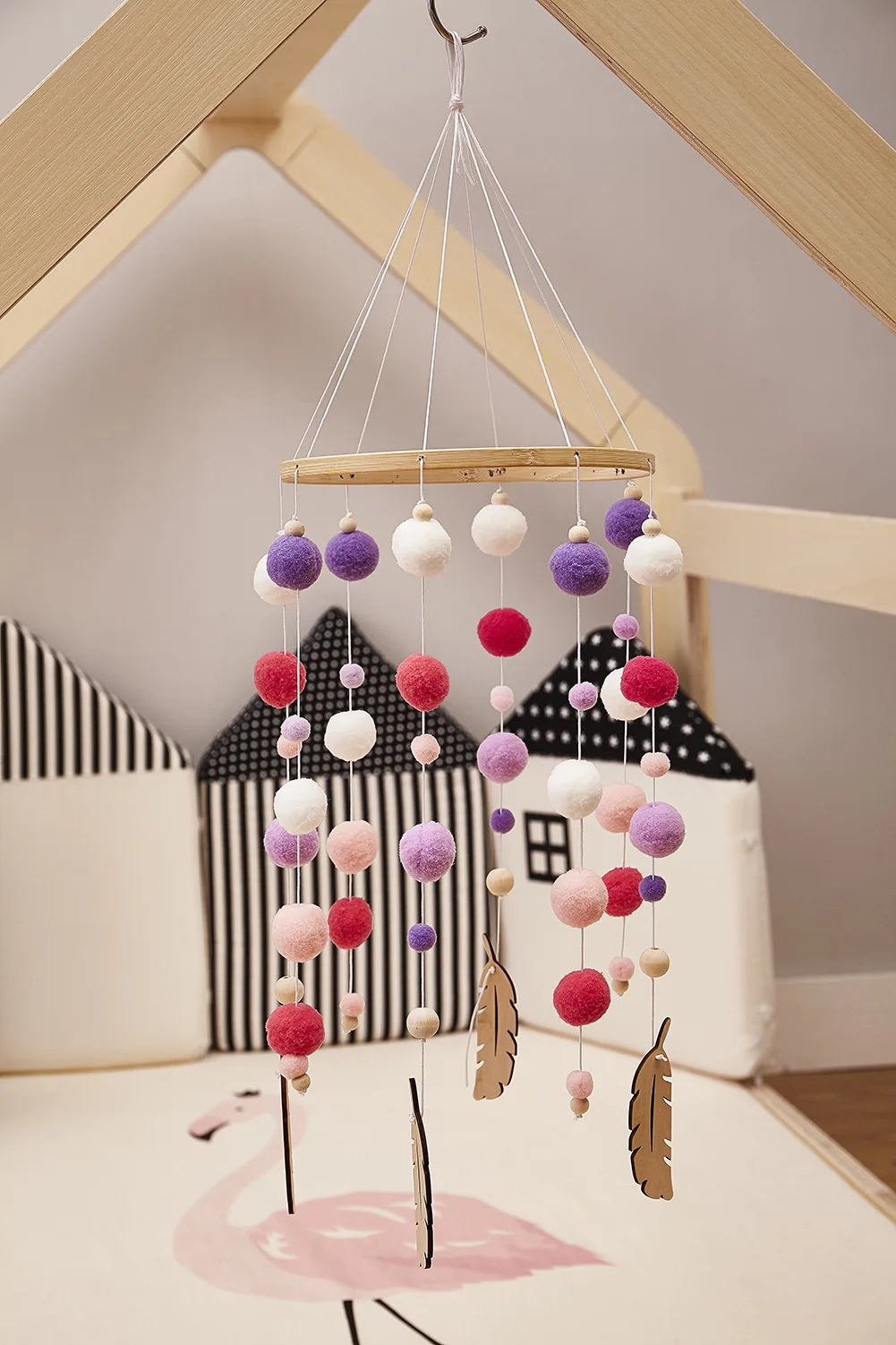 Детские погремушки в скандинавском стиле, деревянные бусины, шерстяной шар, колокольчики, детская комната, детские игрушки, кровать, висящий колокольчик, подарки для новорожденных, Декор, реквизит
