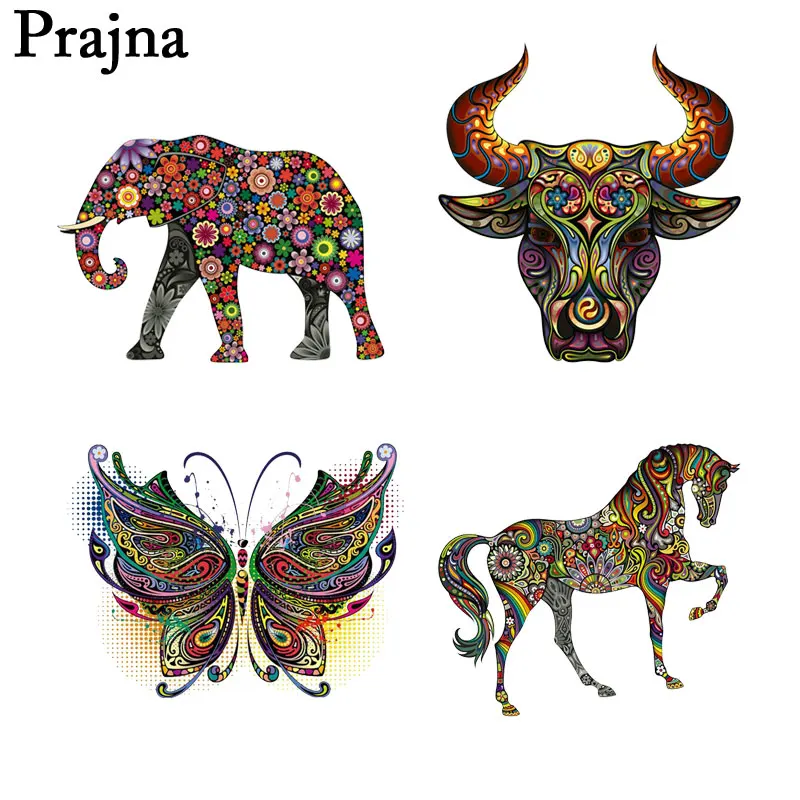 

Prajna Retro Fashion Elephant Iron-on Patch Mandala Rock Animal Heat Transfer Butterfly Cat Graffiti Vinyl Sticker Painted Shirt