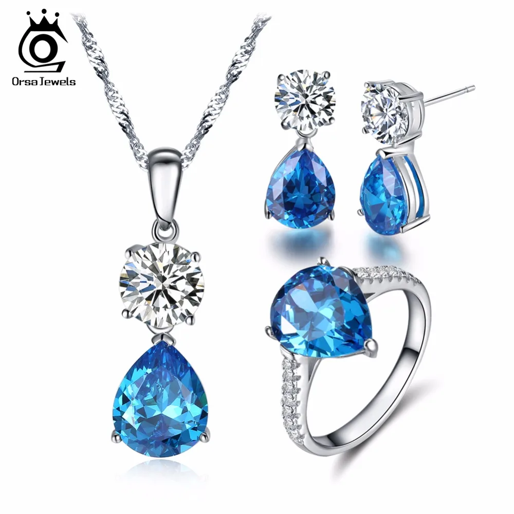 

ORSA JEWELS 2017 Fashion Drop Necklace Earrings Ring Engagement Jewelry Sets with Ocean Blue Cubic Zirconia for Women Gift OS112