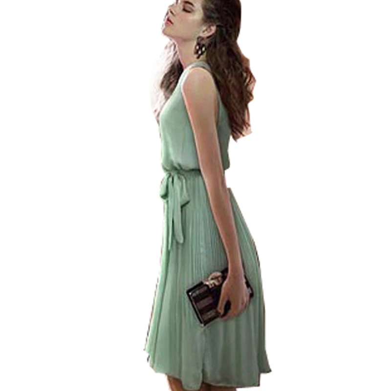 

Casual Summer Classic Pleated Women Chiffon Dress Brief Style Elegant Sleeveless Dresses E465