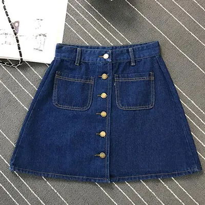 Однотонные короткие джинсовые юбки трапециевидной формы с высокой талией, Женская Повседневная мини-юбка на пуговицах с карманами, летняя женская модная простая джинсовая юбка - Цвет: Deep-blue