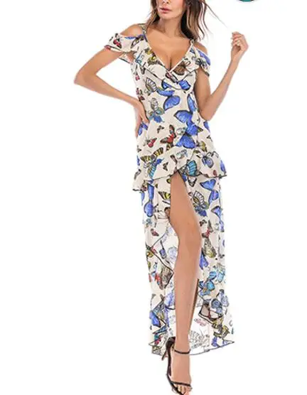 

Butterfly Dress European and American Dresses Deep V-neck Irregular Sling Sleeveless Strap Beach Ruffle Tank 2019