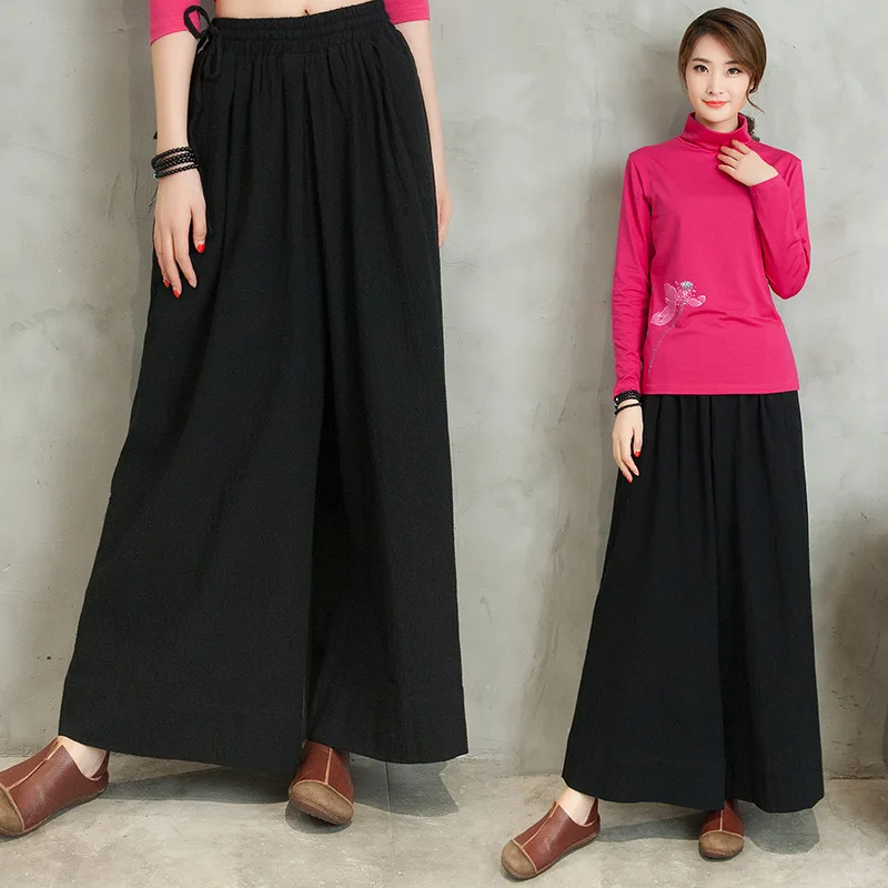 Women wide leg pant 2019 female autumn spring loose bohemian vintage long black wide leg pant trousers Chinese clothing store