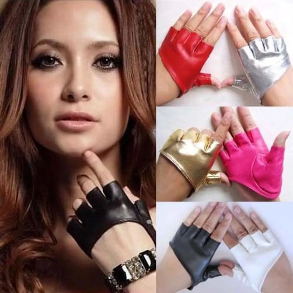 

1 pair New Fashion Various Cool Imitation Leather Multicolor Cool Gloves Fashion Woman Lady Trendy Tight Half Palm Finger Gloves