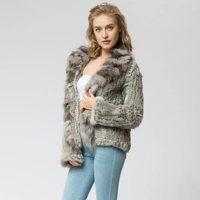 

CR072-3 Knitted real rabbit fur coat overcoat jacket with fox fur collar Russian women's winter thick warm genuine fur coat