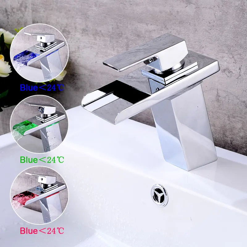 

LED Bathroom Sink Faucet 3 Colors Changing Waterfall ,Single Handle Single Hole Vessel Lavatory Faucet,Basin Mixer Tap