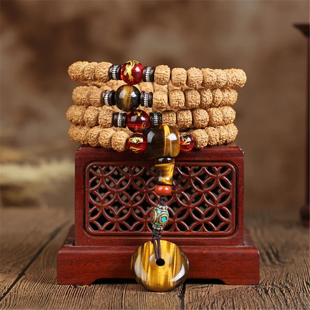 

Authentic Dragon Scale Rudraksha Buddhist Beads 108 Bracelets with Tiger Eye Stone Bodhisattva Bracelet Prayer Mala 108 Necklace