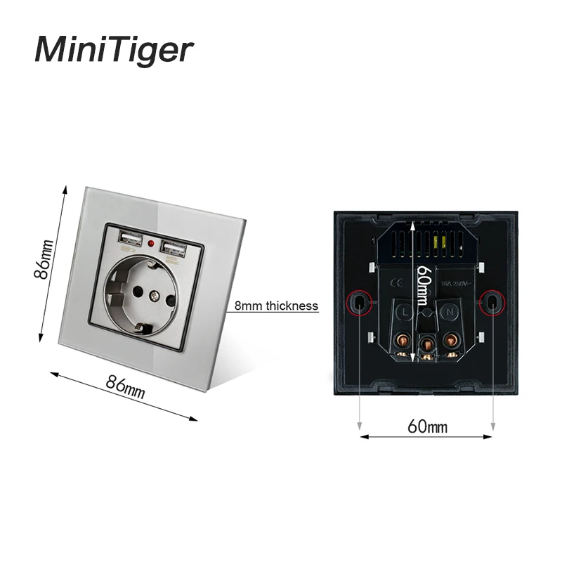 Розетка настенная Minitiger со стеклянной панелью и двумя USB портами 2 1 А 16