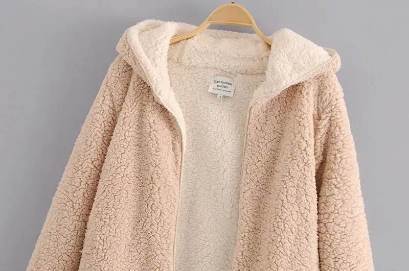 Warm Bomber Reversible Soft Fleece Hooded Lamb Fur Jacket Double Sides lambswool Coat Vintage hooded Parka Outwear Coats
