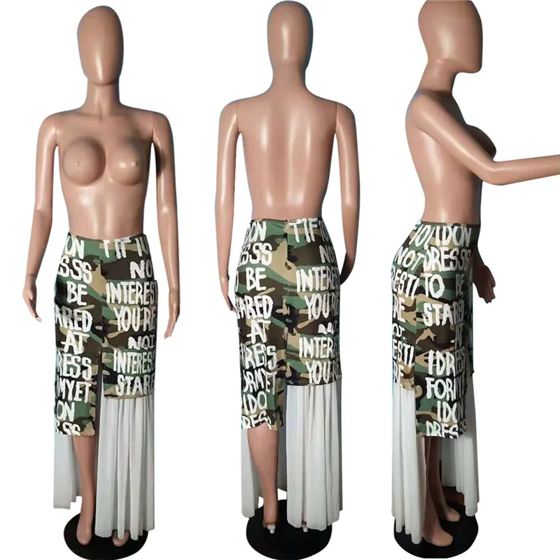 Женская камуфляжная винтажная джинсовая юбка с высокой талией, сетчатая фатиновая Лоскутная юбка в стиле Харадзюку, армейская камуфляжная юбка длиной до щиколотки