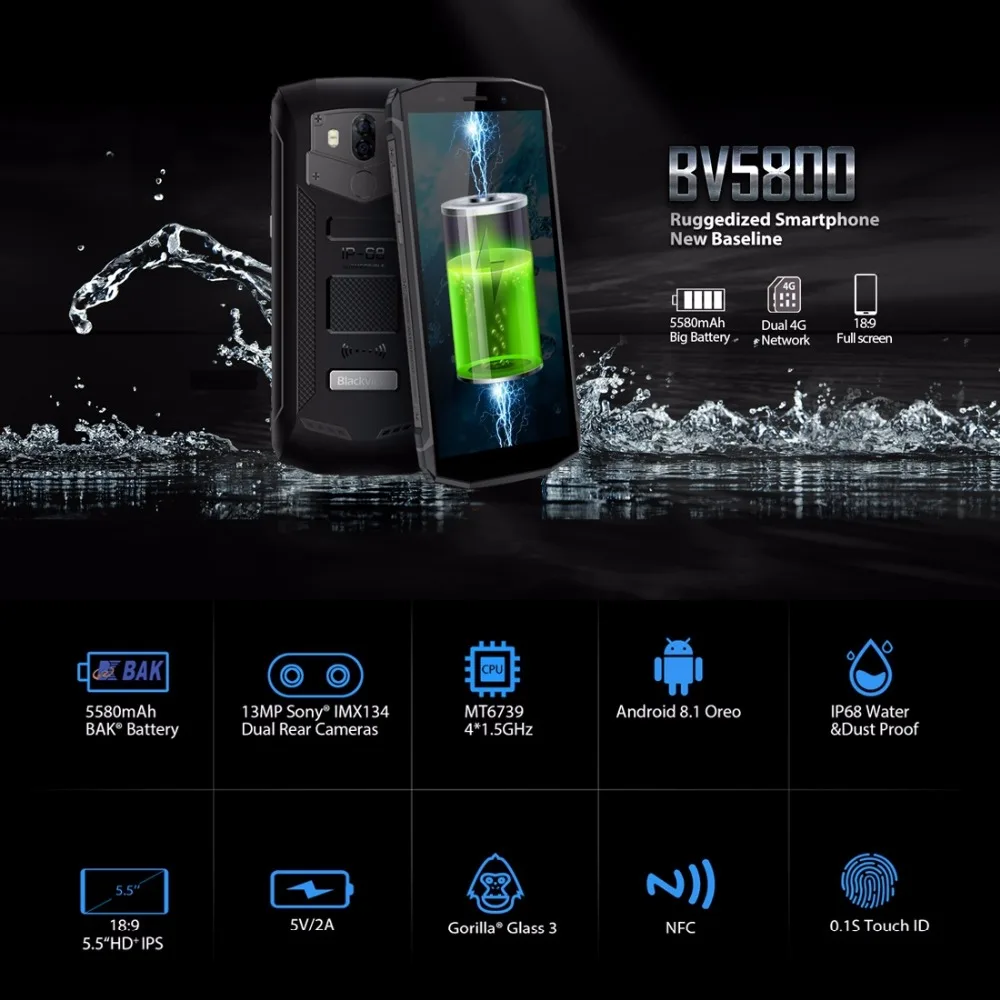 Blackview BV5800 смартфон IP68 Водонепроницаемый 5 дюйма HD 18:9 + Android 8 1 мобильный телефон с
