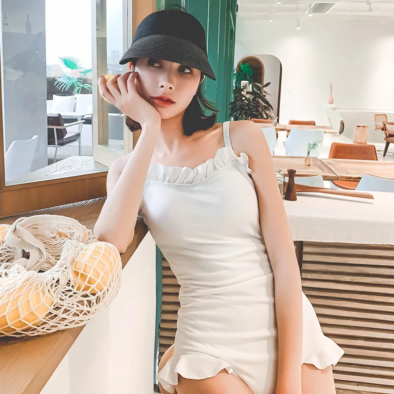 

Bikini One Piece Retro For Women 2019 Swimwear Push Up Suits Female Covering Morandi Color Korea Web Celebrity Solid Spandex