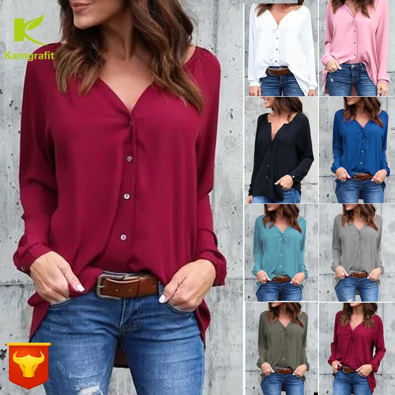Fall 2019 explosions V-collar pleated button long sleeve loose chiffon shirt 8color 8yard plus size women blouse QP015 | Женская одежда