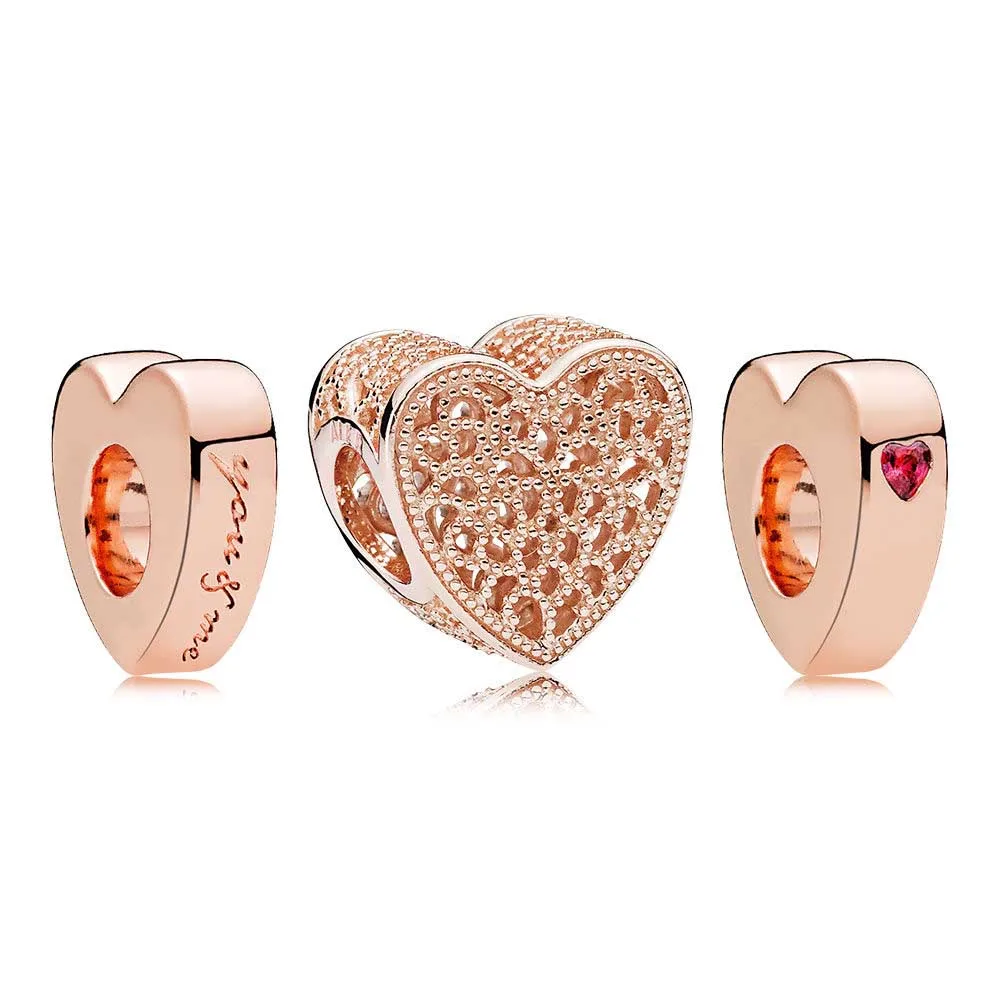 

NEW CPPO 100% 925 Sterling Silver Rose Hearts Collide Bead Gift Set fit charms original Bracelets jewelry A Set