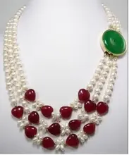 Jewelry real 3row white pearl natural red jade necklace Free shipping