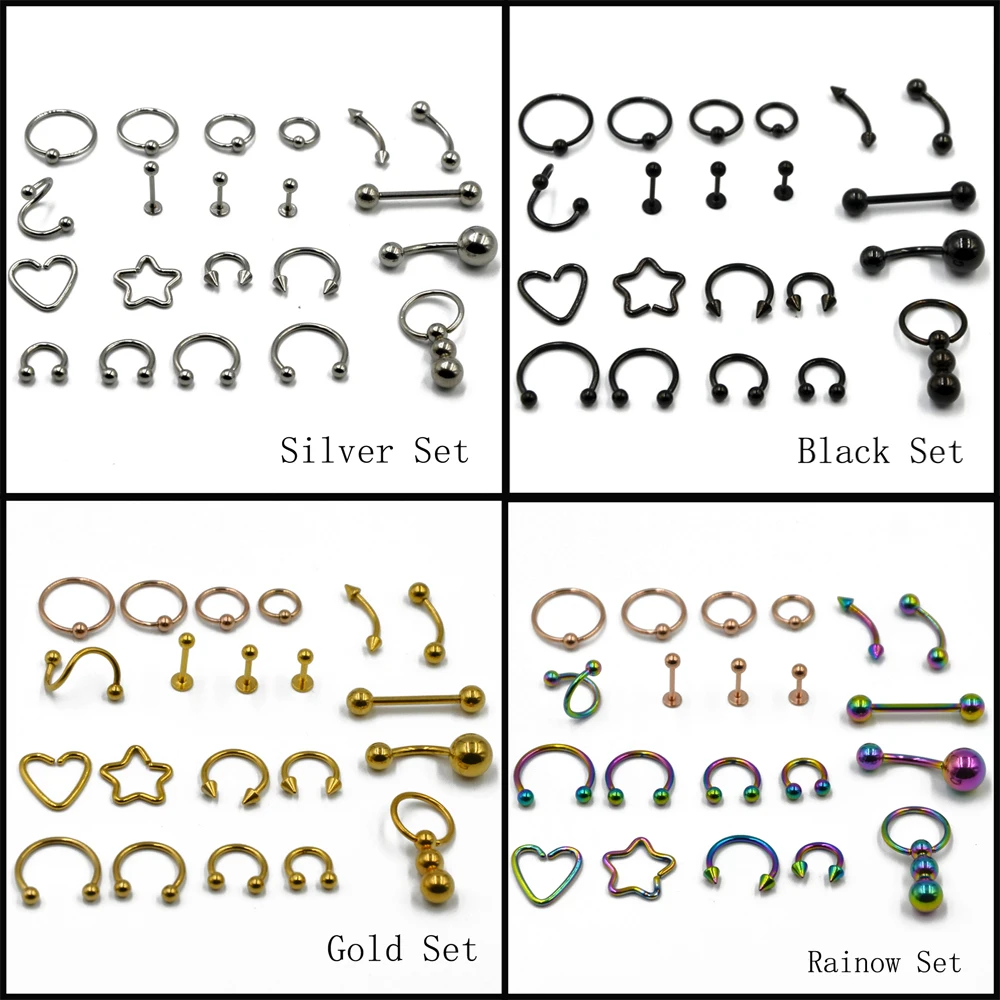 

21 Pcs Horseshoe Circular Bead Closer Ring Tongue Barbell Ear Cartilage Tragus Belly Navel Labret Ring Set Body Piercing Jewelry