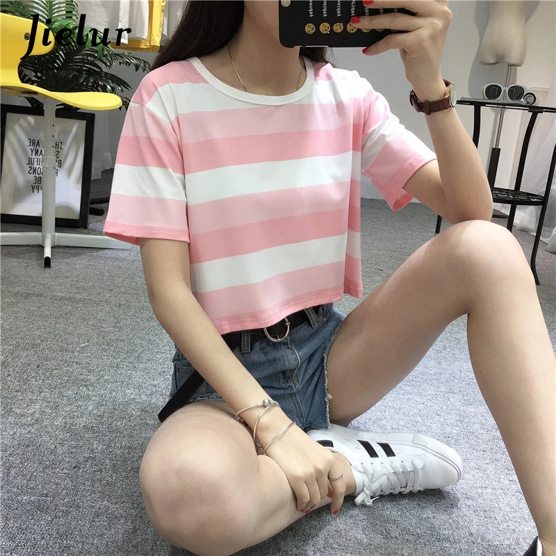 Jielur Summer Crop Top Short Sleeve Streetwear Fashion Pink Striped T Shirt Women O-neck S-XL Sexy Sweet Kpop 2019 T-shirt Femme Jielur Summer Crop Top Short Sleeve Streetwear Fashion Pink Striped T Shirt Women O-neck S-XL Sexy Sweet Kpop 2019 T-shirt Femme