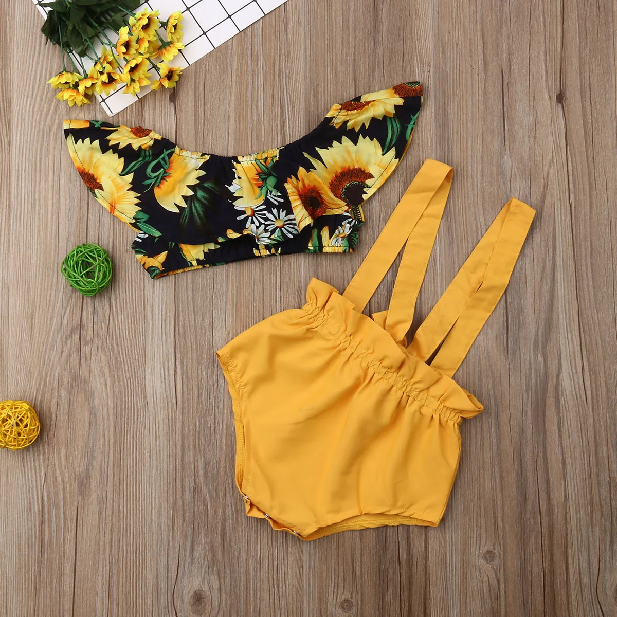 2PCS Newborn Baby Girl Sunflower Crop Tops Bib Pants Shorts Overalls Outfit Sets