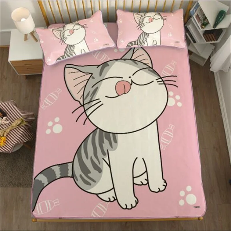 

Cute Cartoon Cat Pig Dog Print Summer Cool Bedsheets Sleeping Mat with Pillowcase Single Double Twin Queen King Size