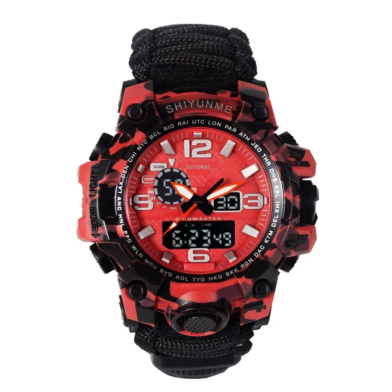 Kaufen Outdoor Survival Uhr Wasserdicht EDC Erste Hilfe Kits Notfall Getriebe Camping Paracord Armband Messer Kompass Pfeife Thermometer