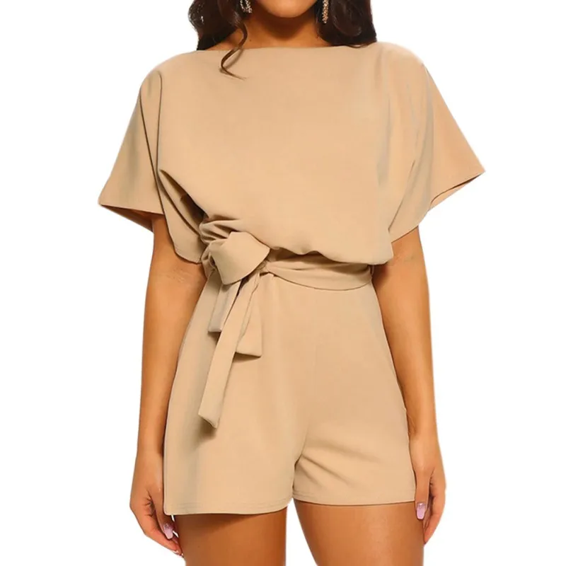 

Summer O-Neck Short Sleeve Women Playsuits Wide Leg Pants Bow Belt Loose Fashion Playsuit