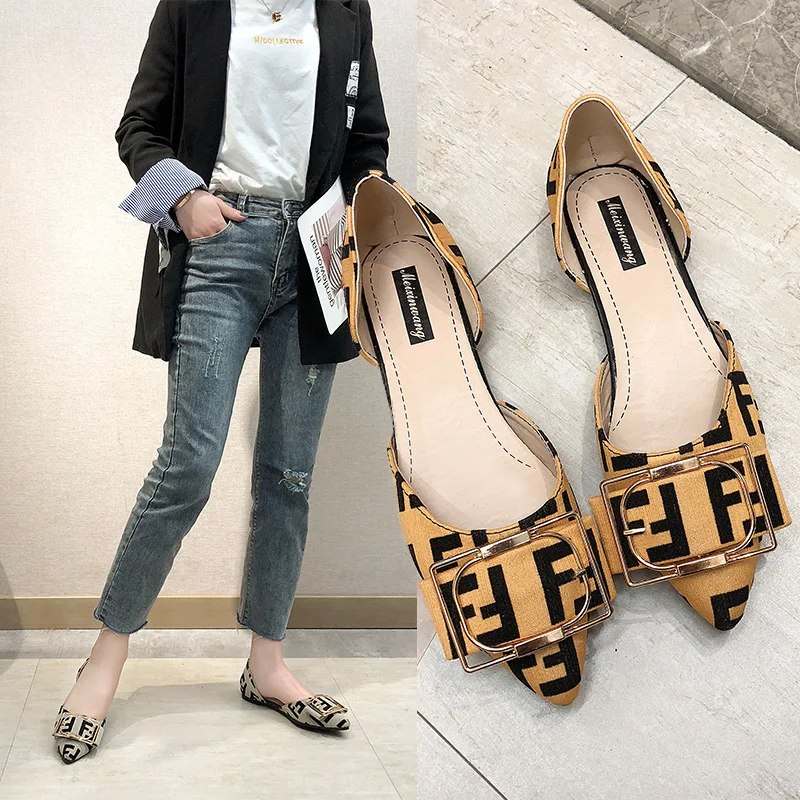 

New Korean version of rhinestone belt buckle hollow pointed flat shoes leopard print suede soft bottom women's shoes spring