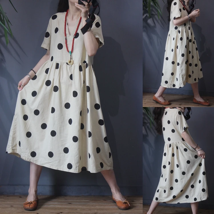 

Summer New Arivals Women Casual All-match Loose Plus Size Vintage Polka Dots Print Short Sleeve V-neck Cotton Linen Long Dresses