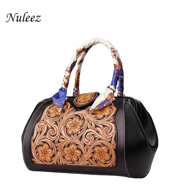Nuleez genuine cowhide tote-bag women big capacity Chinese national style Hand carved leather colorful painting bag 2018