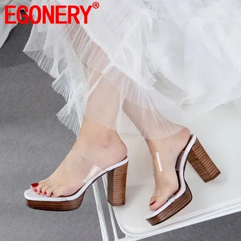 

EGONERY woman shoes 2019 summer newest fashion sexy super high heels platform woman slippers outside open toe black white shoes