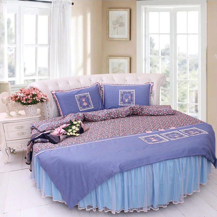 Discount LACE ROUND Corner Bed Europe Orange color Flower Bedding sets Cotton Round Double Bed sheet Duvet cover Pillow case Bedskirt 39