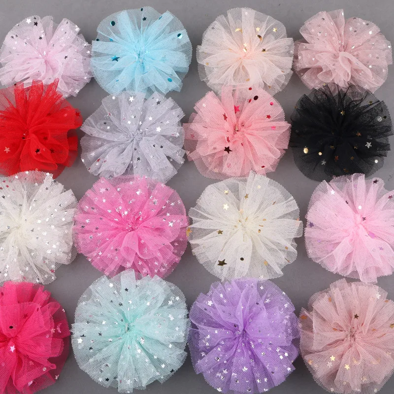 

Glitter Bling Stars Decorated Chiffon Flowers Handmade Floral Button Patch Sticker Craft Girls Hair Jewelry Bow Center Ornaments