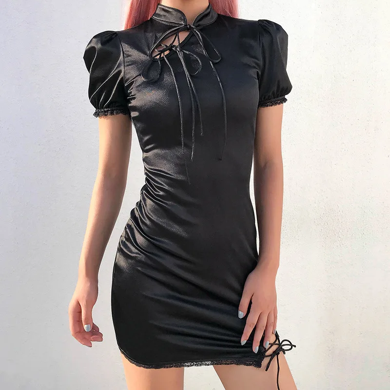 Женское черное платье, готическое панк Бандажное Открытое платье, китайское Cheongsam Harajuku, сексуальное облегающее элегантное мини-платье, вечерние платья
