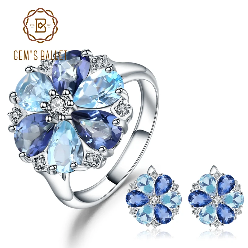 

GEM'S BALLET Natural Sky Blue Topaz Mystic Quartz Flower Jewelry Sets 925 Sterling Silver Pendant Earrings Ring Set For Women
